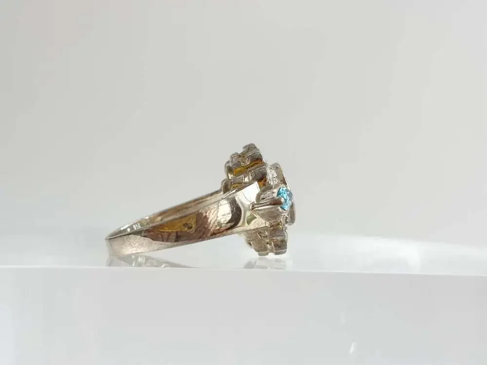 Clear & Blue Topaz Scalloped Multi Gemstone Sterling Silver 925 Vintage Ring - s